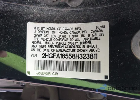 2008 Honda Civic Lx z USA, uszkodzony, nr VIN 2HGFA16558H323811